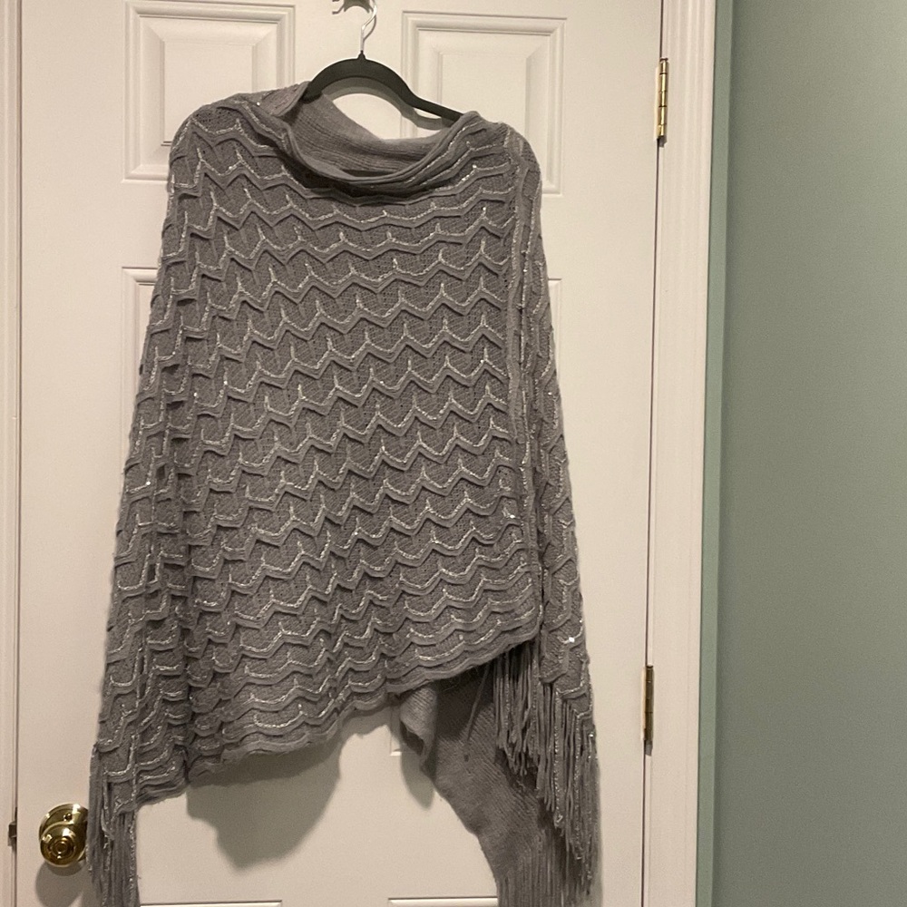 Maurices Gray Chevron Knit Poncho with Fringe Detail